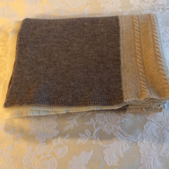 SCARF . Soft 3 colors - light lavender, tan, cream w imperfections 75" L X 24" W - Picture 12 of 13